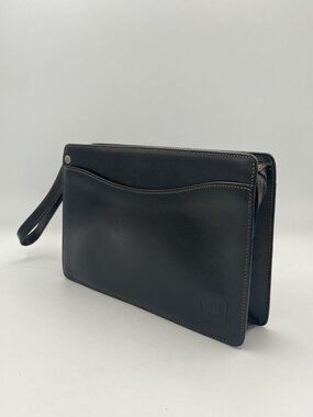 Dunhill Vintage Black Leather Clutch Pouch Zip Top Wristlet Made in Italy